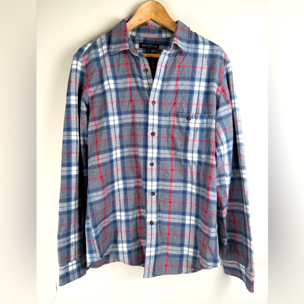 J Crew Mercantile Flex Men’ M Blue GRY Red Mid-Wt.  Flannel Cabincore Lumberjack